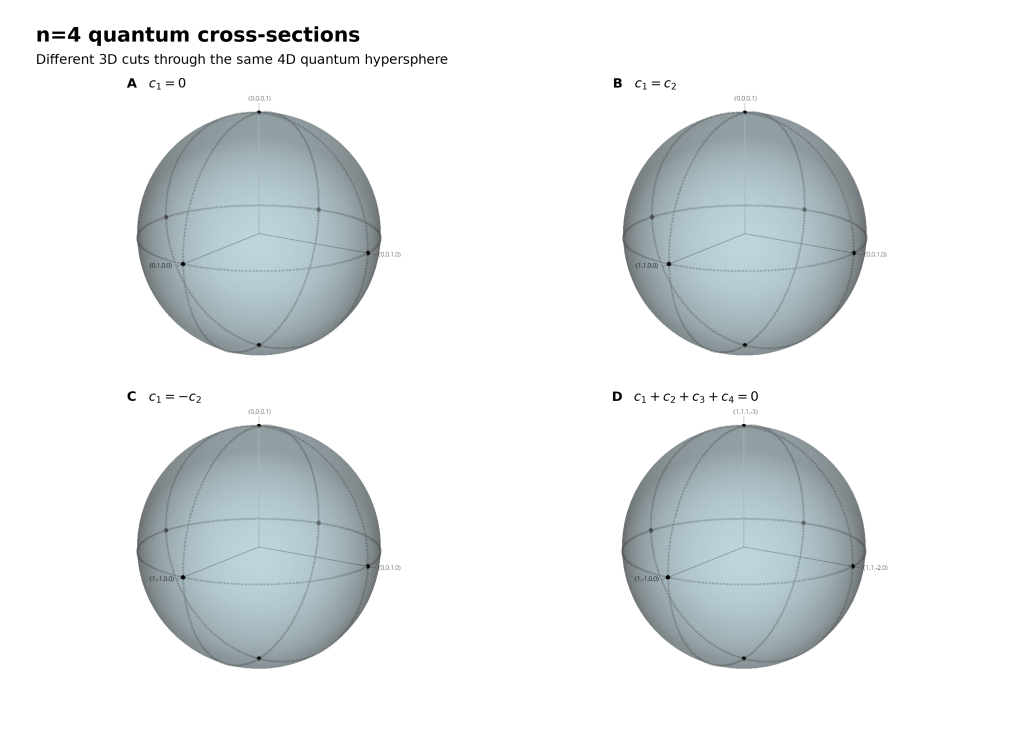 Four matching cross-sections of the n = 4 quantum advantage space. Unlike the different classical polyhedra in Figure 4, all four are identical translucent blue spheres with great circles and labelled in-plane directions.